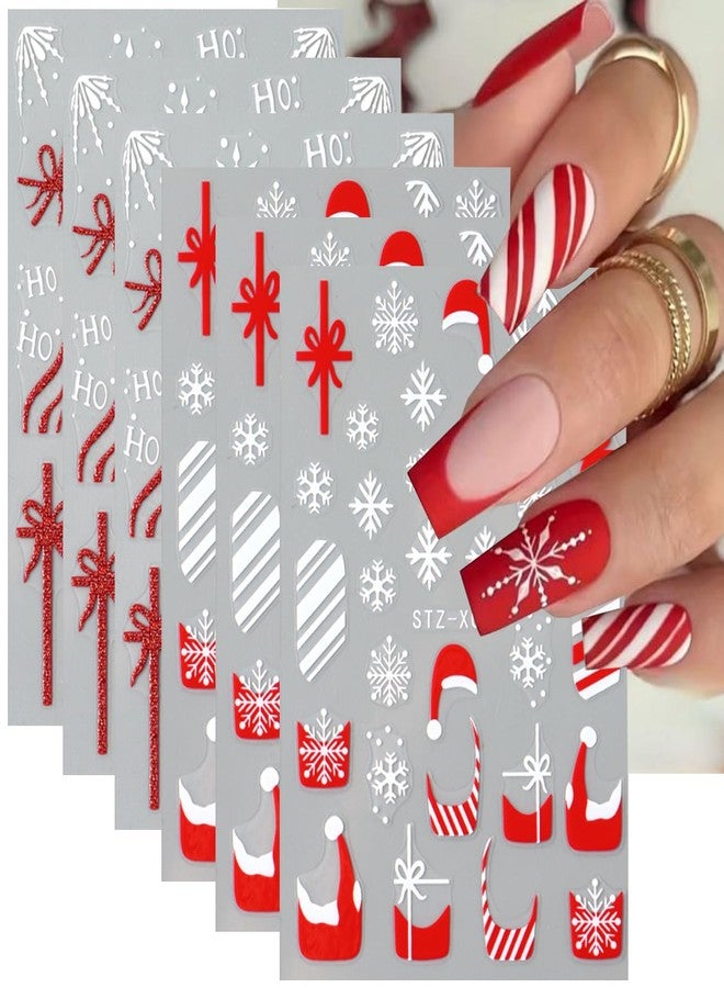 BSBTBZ Christmas French Nail Art Stickers with Christmas Hat Snowflake Gift Bow English Design Xmas Nail Sticker 3D Adhesive Snow Elk Red French Glitter Nail Tip Christmas Winter Holiday Nail Decor for Women - Image 1